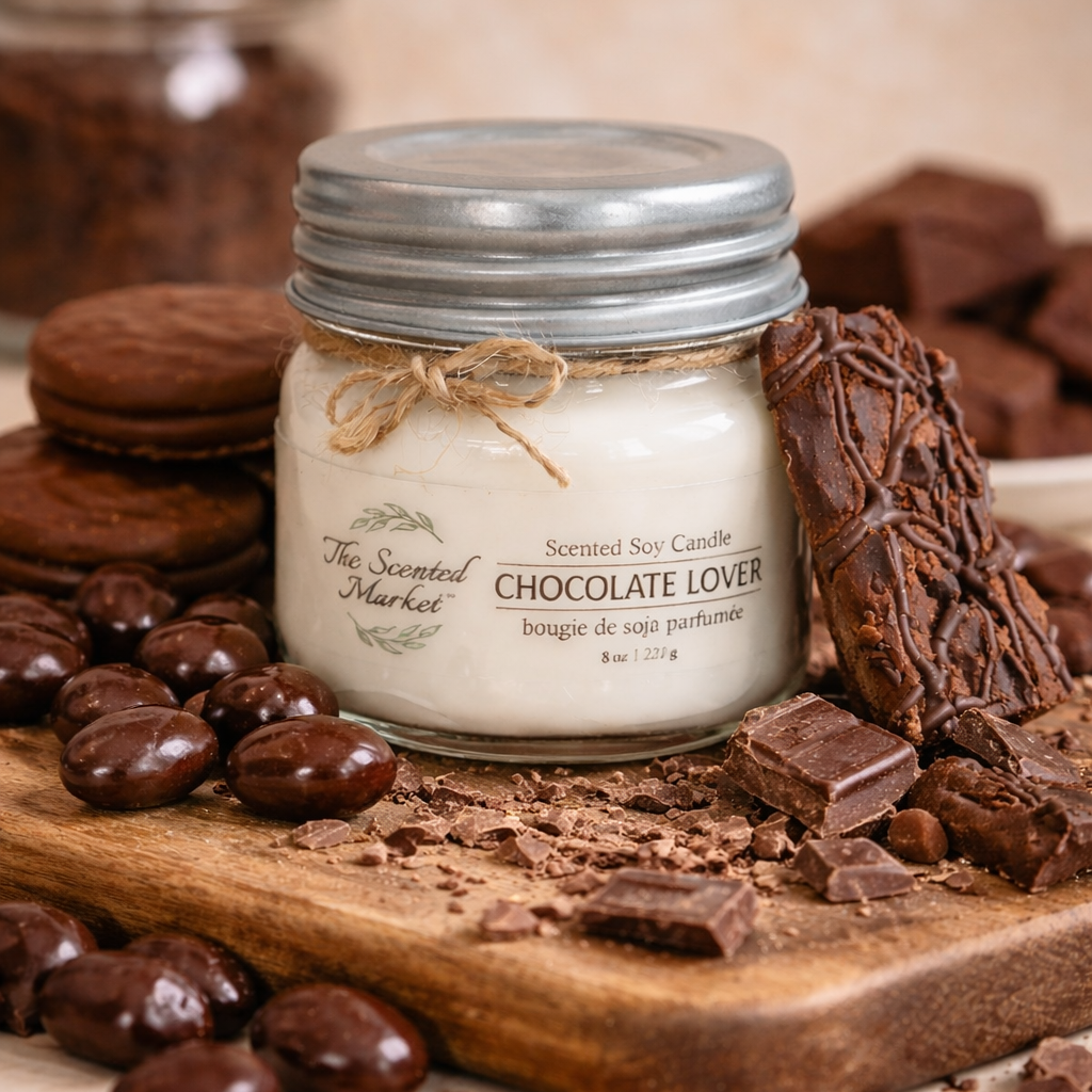 Candle labeled 'Chocolate Lover' surrounded by chocolate pieces on a wooden board.