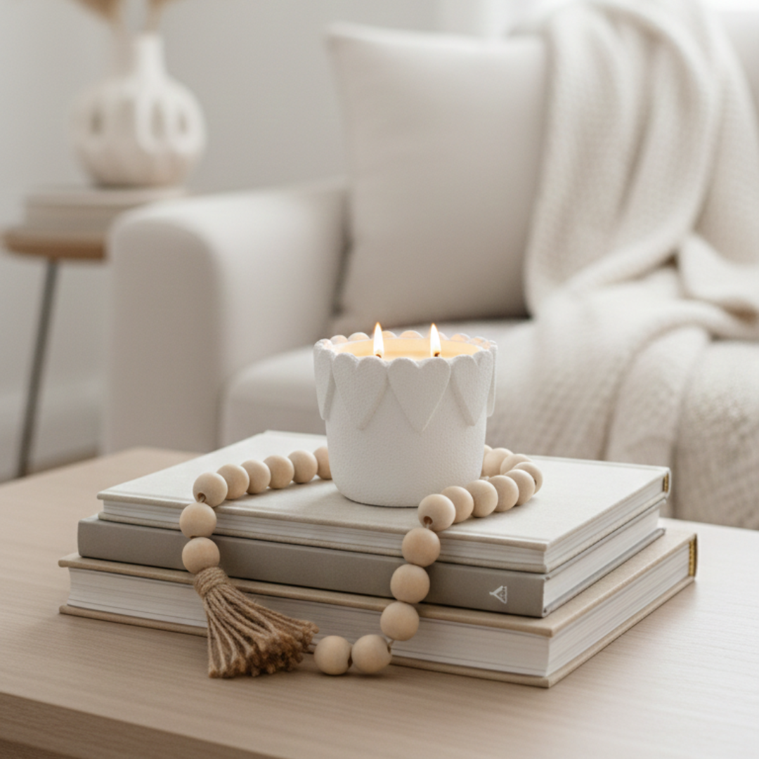 Candle in a white holder on books with wooden beads on a coffee table, blurred background