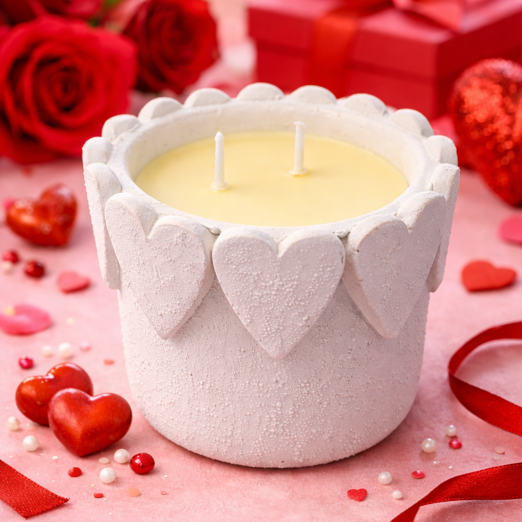 Candle in a heart-shaped container with red roses and ribbons on a pink background