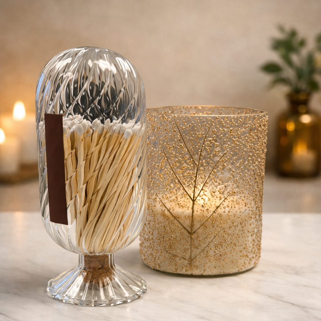 Glass container with matches and decorative candle on a marble surface
