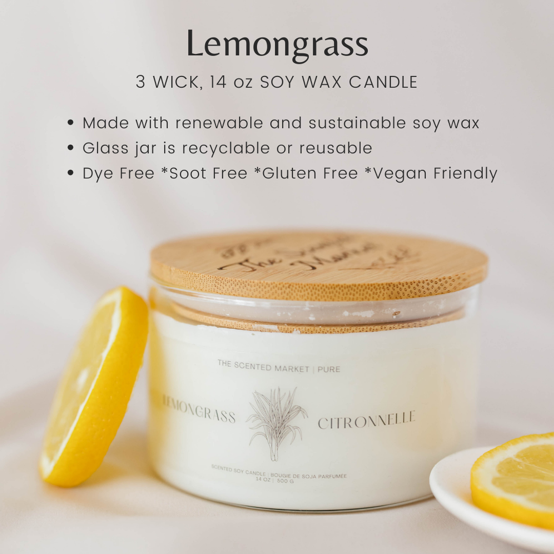 Pure LEMONGRASS Soy Wax Candle 14 oz - The Scented Market Candles