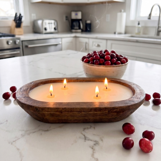 CRANBERRY Dough Bowl Soy Candle | Handcrafted 4 Wick Wooden Candle