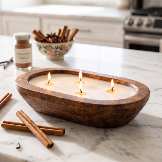 CINNAMON SPICE Dough Bowl Soy Candle | Handcrafted 4 Wick Wooden Candle