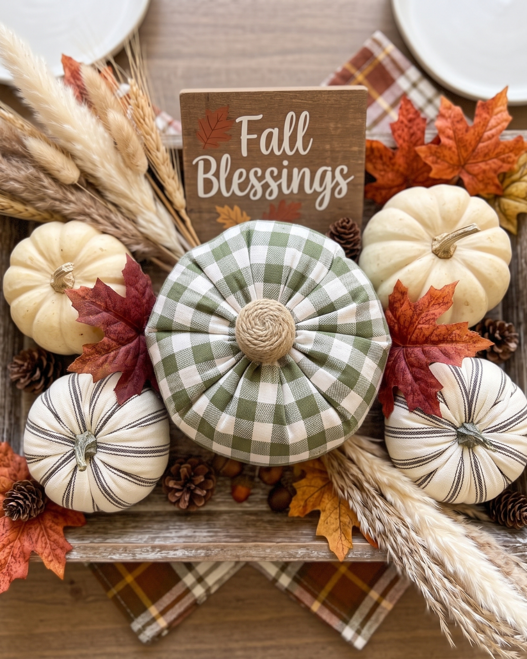 Decorative Fabric Pumpkin | Soft Plush Fall & Autumn Home Décor GREEN CHECKERED
