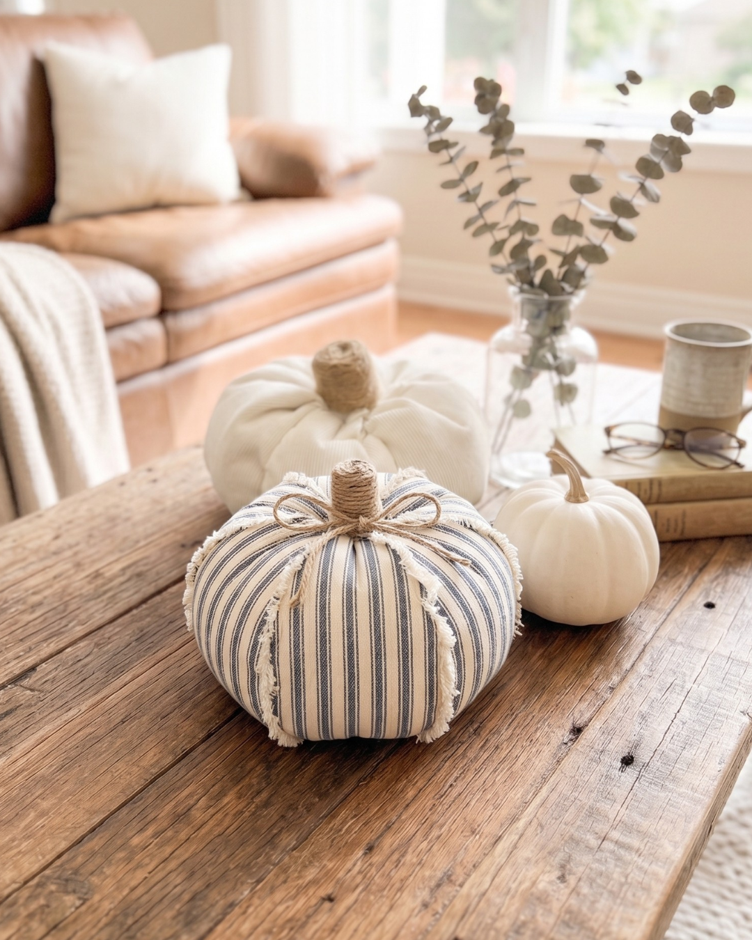 Decorative Fabric Pumpkin | Soft Plush Fall & Autumn Home Décor BLUE STRIPE
