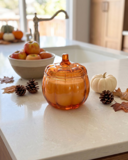 Small Glass Pumpkin Soy Candle ORANGE | Pumpkin Spice Cake | Decorative Fall Candle