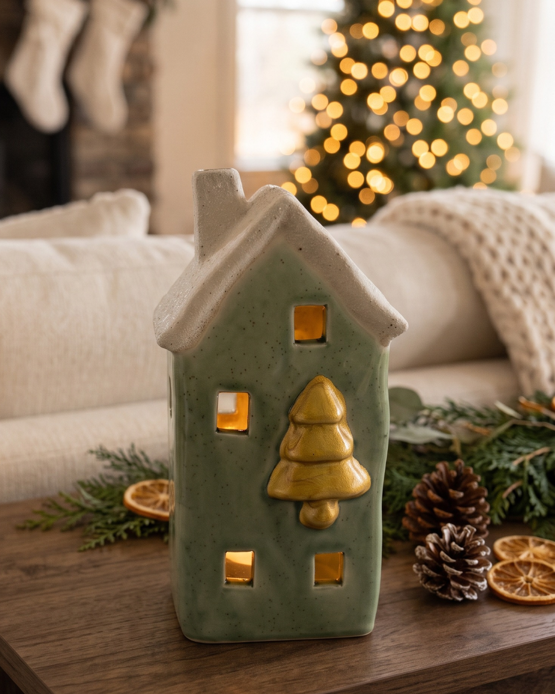 Green LED Ceramic House with Gold Tree - Winter Decor