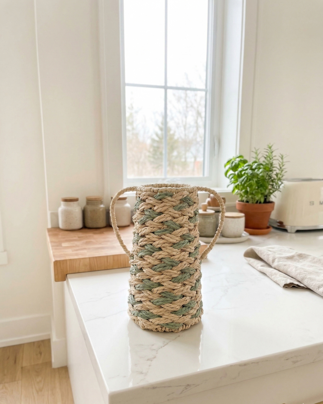 Sage Green Rope Vase with Handles – Decorative Rustic Home Decor Vase