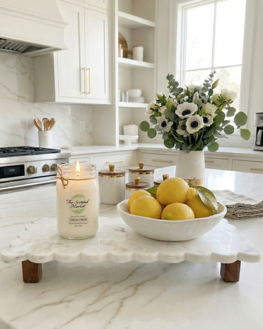 Large Scallop Marble & Acacia Wood Serving Tray – Heavy Marble Candle Display Board