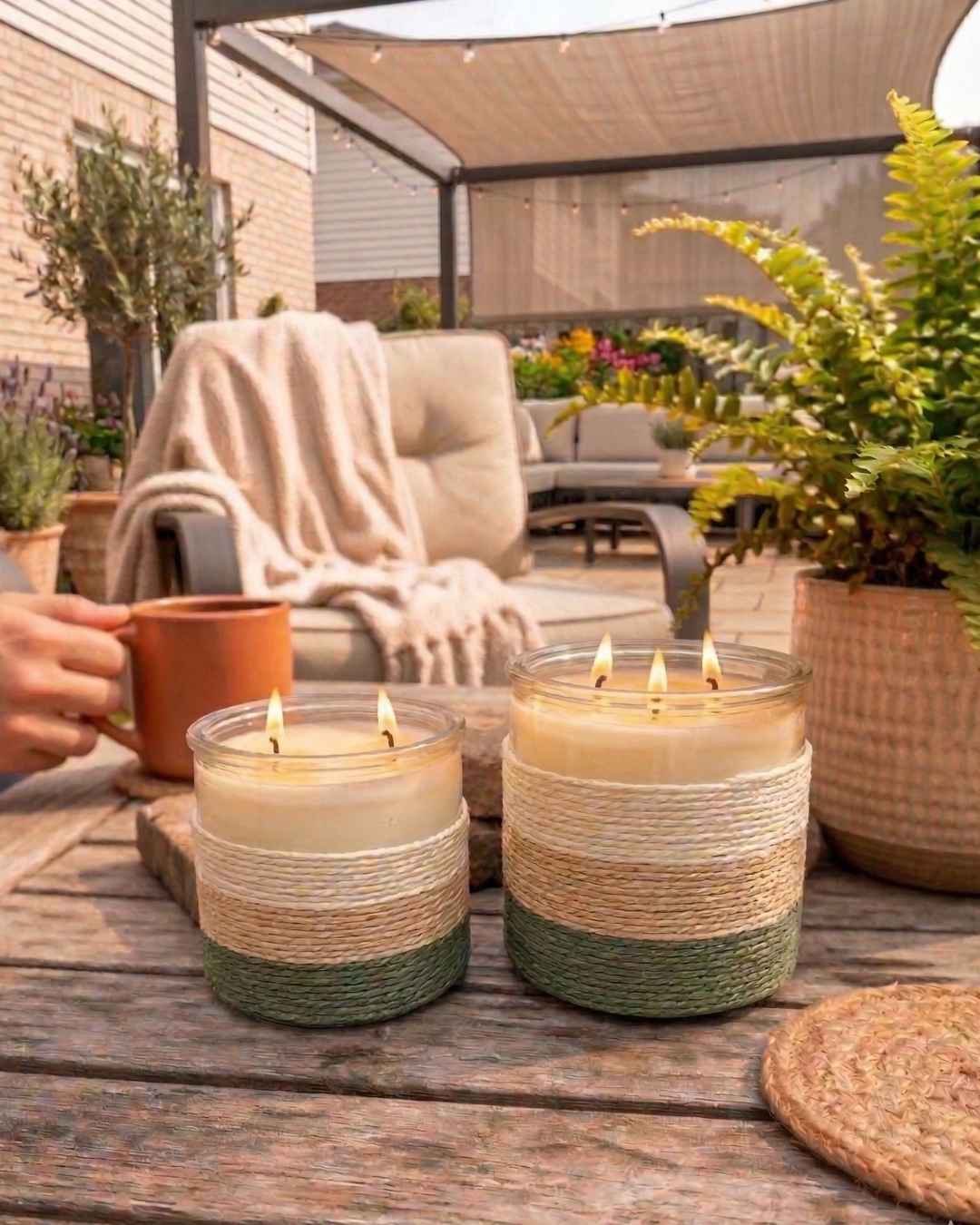 SUMMER NIGHTS Rope Glass Candle – Large 2 Wick Soy Candle (Beige, Cream & Sage Green)