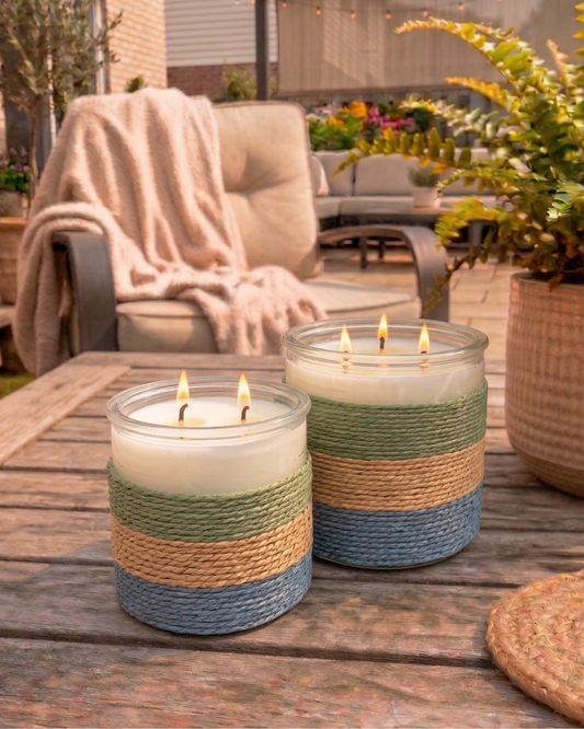 SUMMER NIGHTS Rope Glass Candle – XL 3 Wick Soy Candle (Green, Blue, Clay)