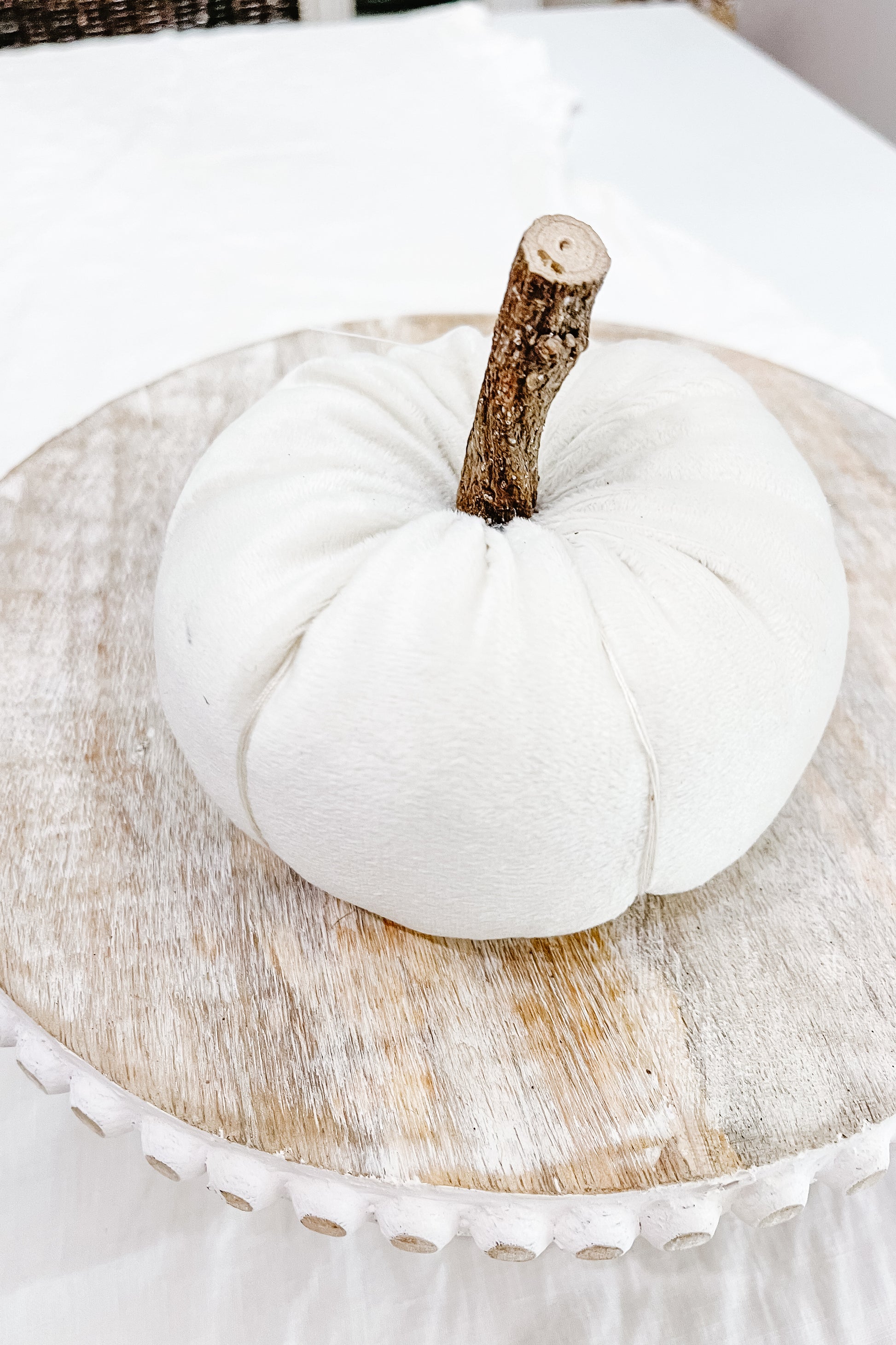 White Velvet Pumpkin with Wooden Stem - The Scented Market
