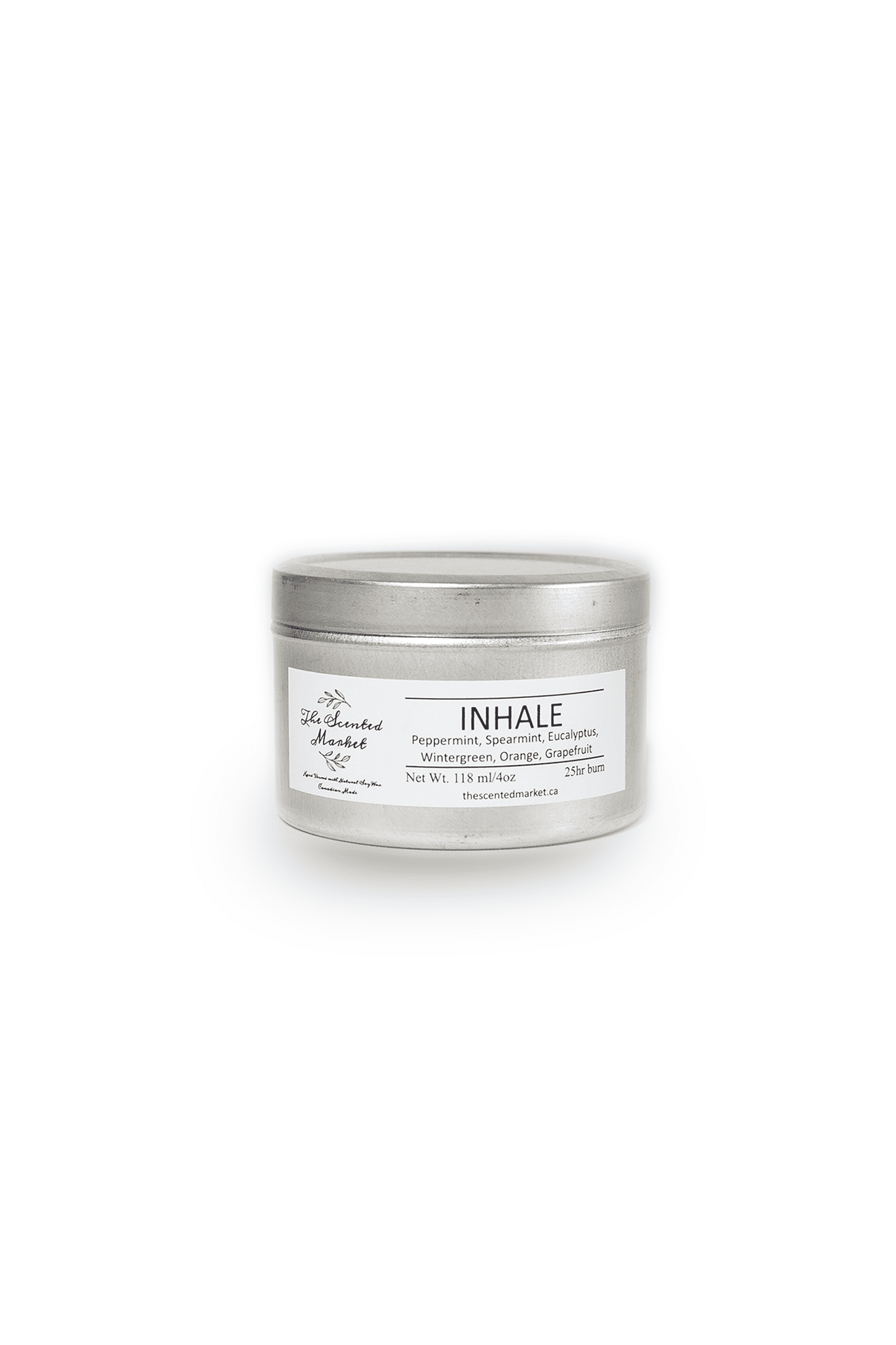 Front of Inhale Essential Oil 4 Ounce Scented Soy Wax Candle in a tin jar