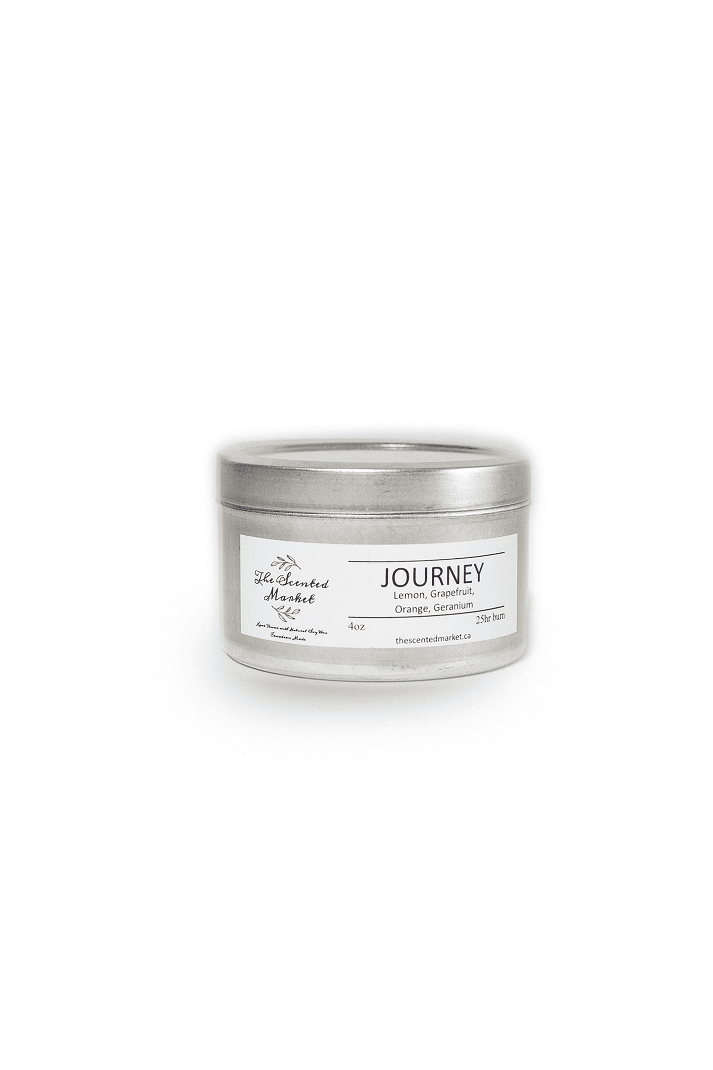 Journey Essential Oil 4 Ounce Scented Soy Wax Candle in a tin jar front view