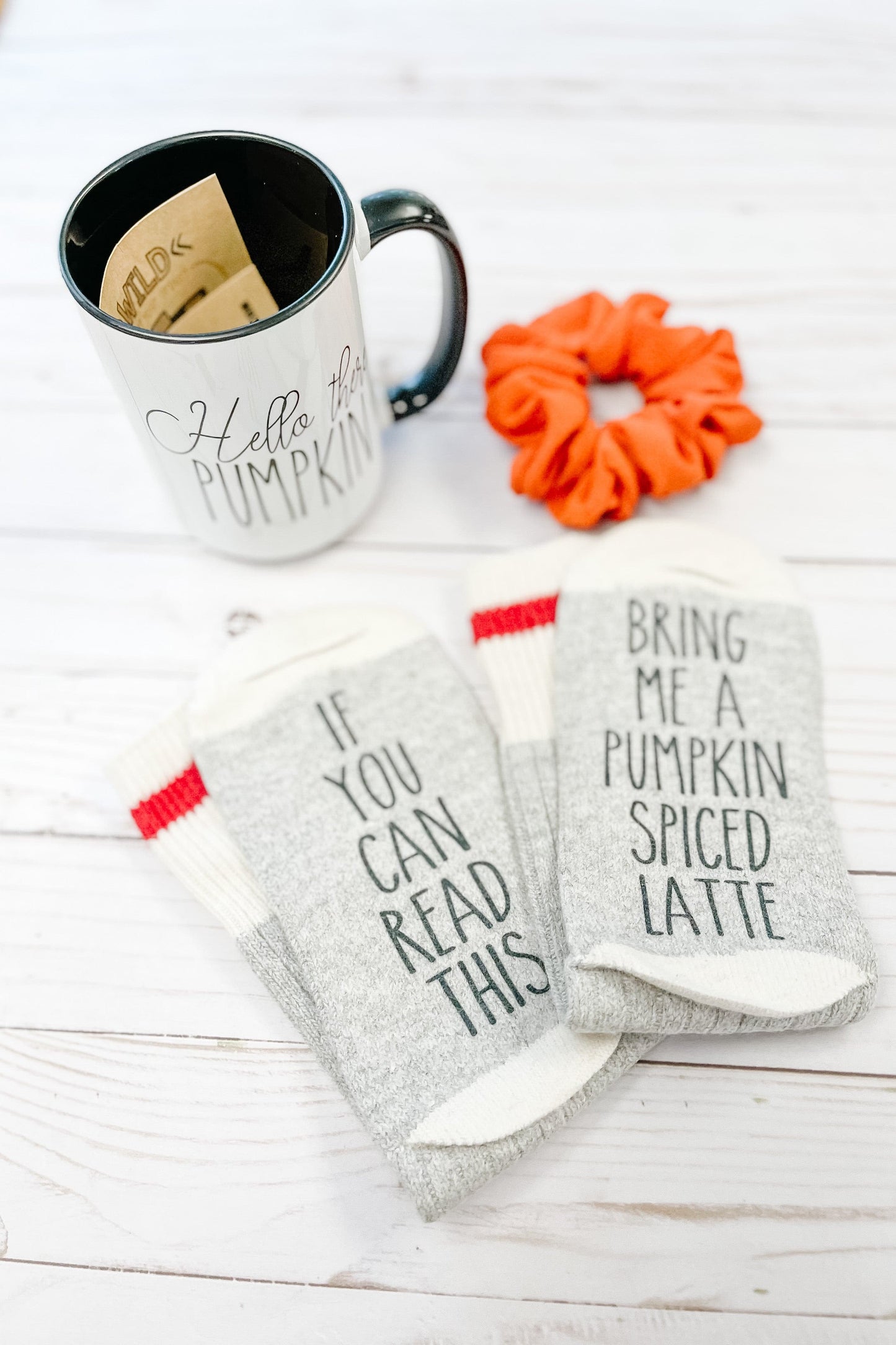 Fall themed Gifting Bundle - Cozy Socks, Fall Mug and a Handmade Scrunchie. - The Scented Market Gift Bags