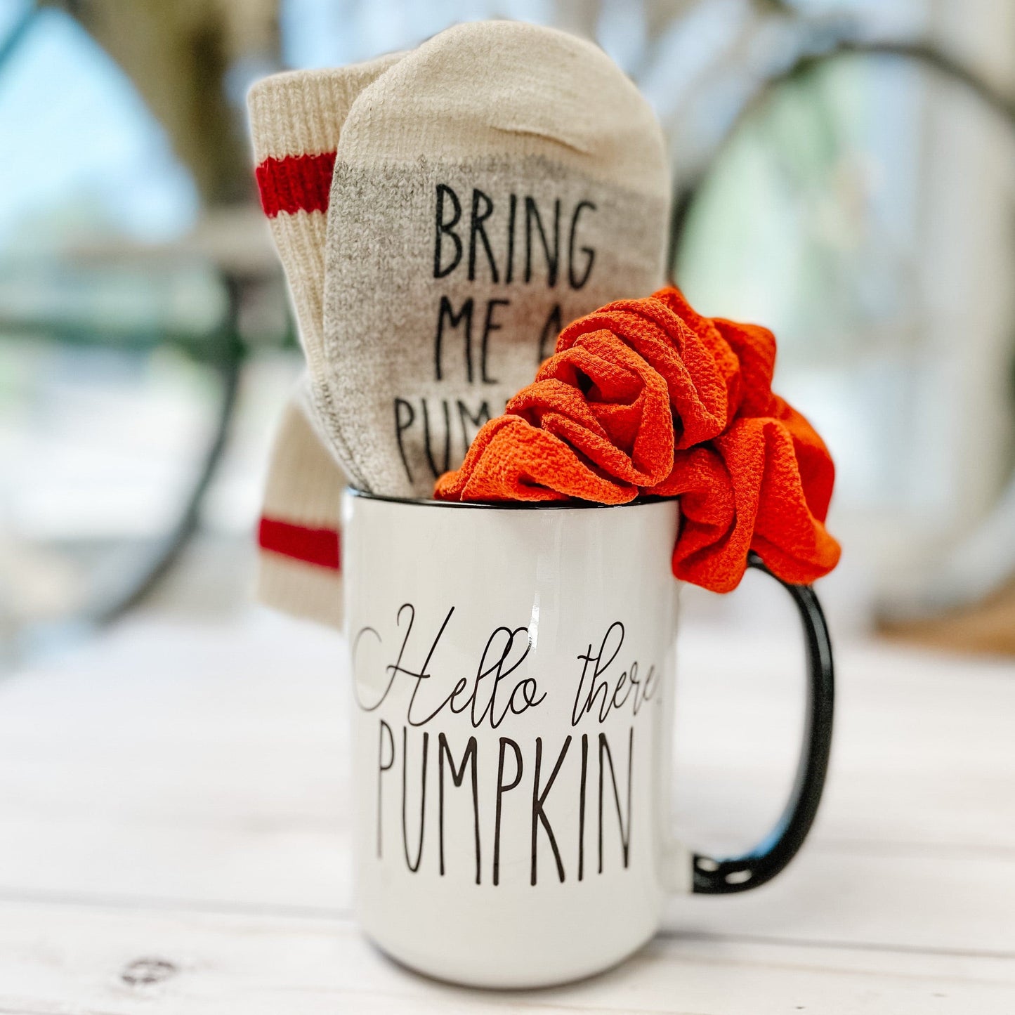 Fall themed Gifting Bundle - Cozy Socks, Fall Mug and a Handmade Scrunchie. - The Scented Market Gift Bags