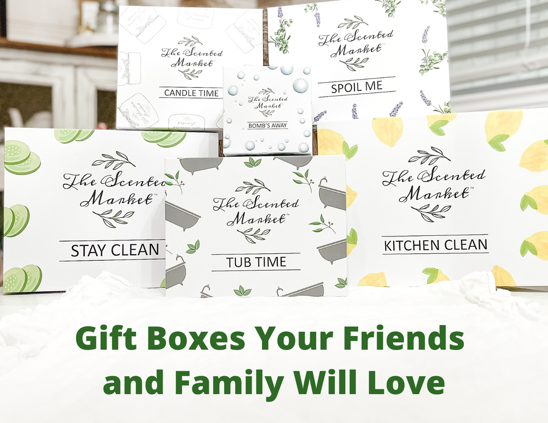 "Gift Boxes Your Friends and Family Will Love" text in front of 6 gift boxes from The Scented Market