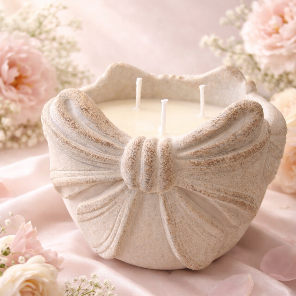Decorative candle in a shell-shaped holder with flowers in the background