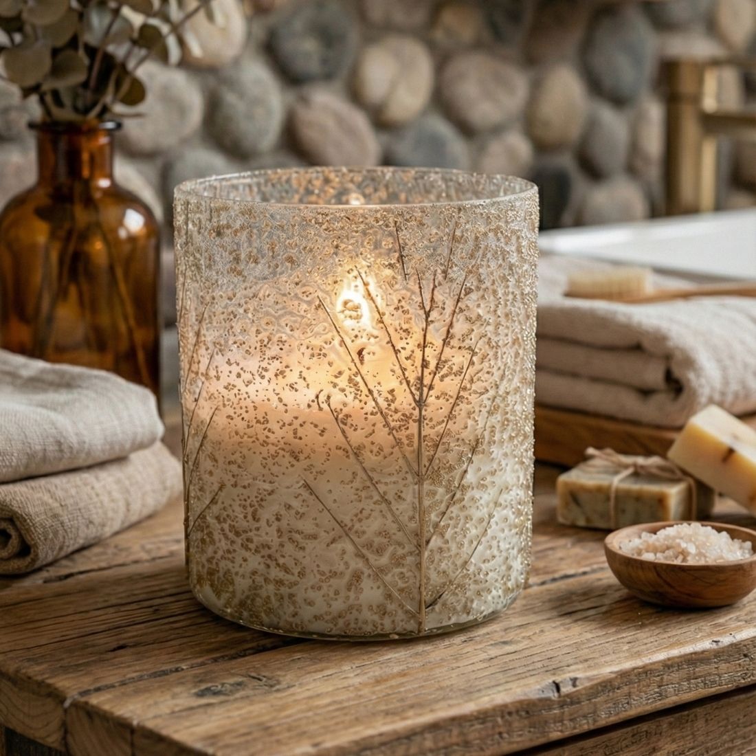 Gold Tree Glass 3 Wick Soy Candle – Winter Forest Scent