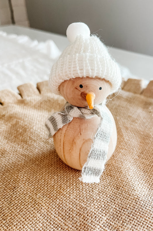 Wooden Snowman with a Knit Hat