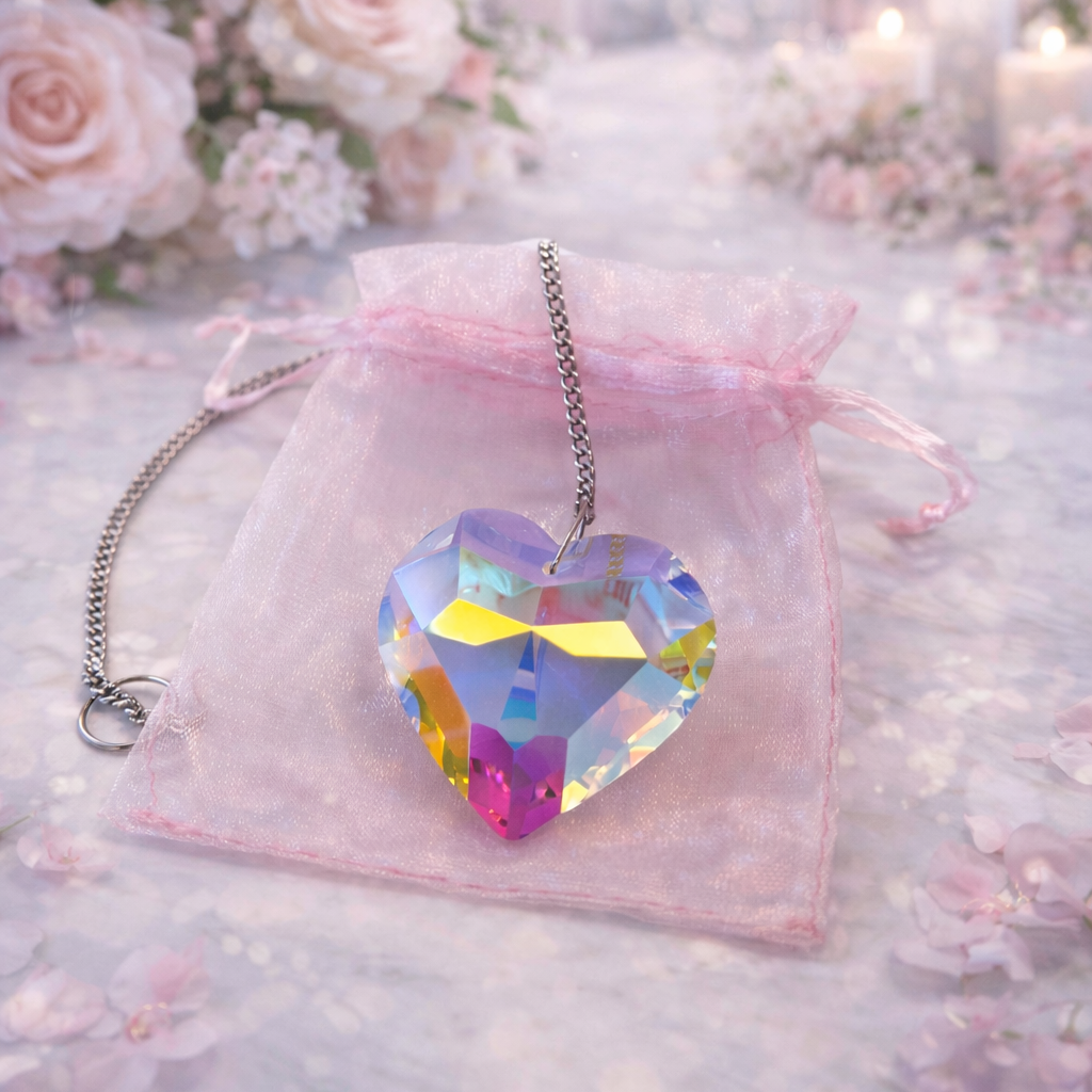 Heart-shaped colorful crystal necklace on a pink velvet bag with floral background