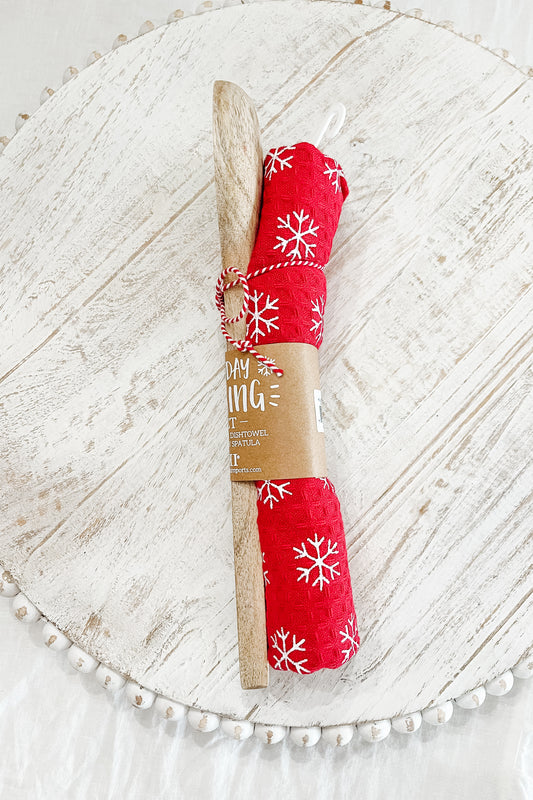 Holiday Baking Set - Snowflake Themed Wooden Spoon and Tea Towel