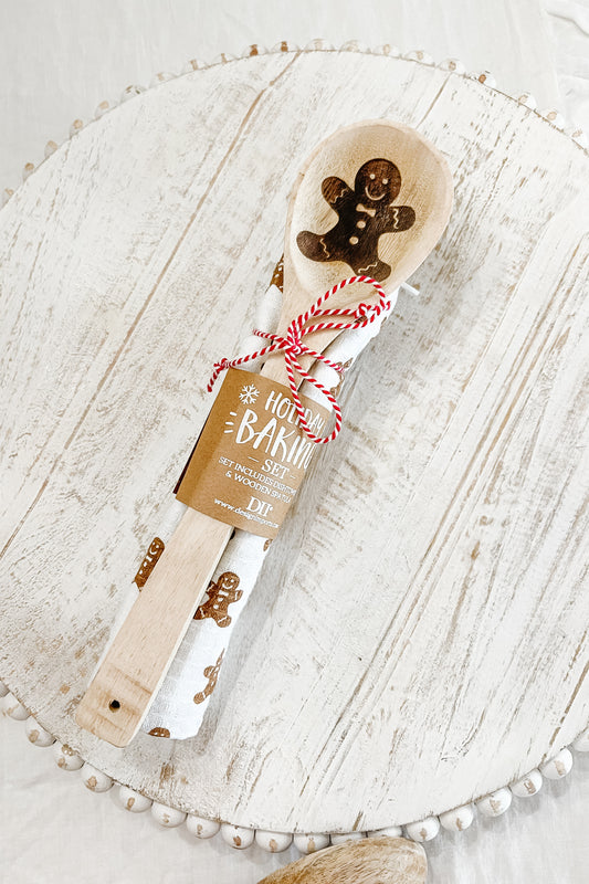 Holiday Baking Set - Gingerbread Themed Wooden Spoon and Tea Towel
