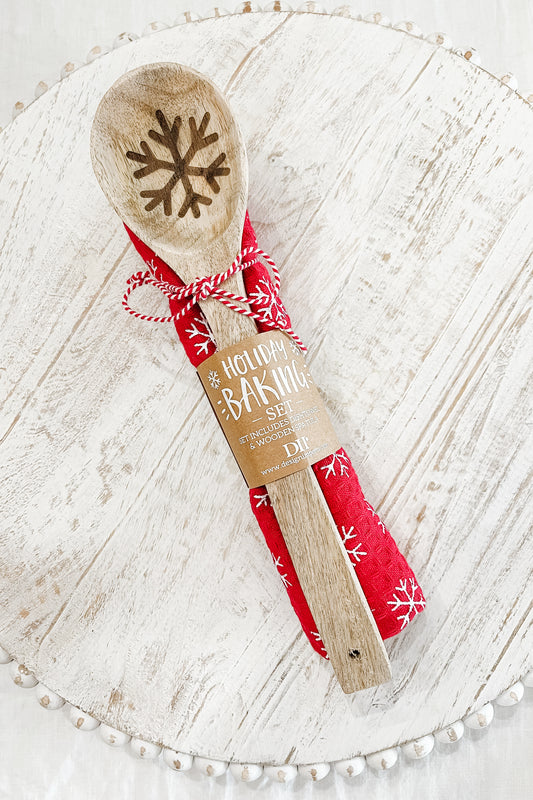 Holiday Baking Set - Snowflake Themed Wooden Spoon and Tea Towel