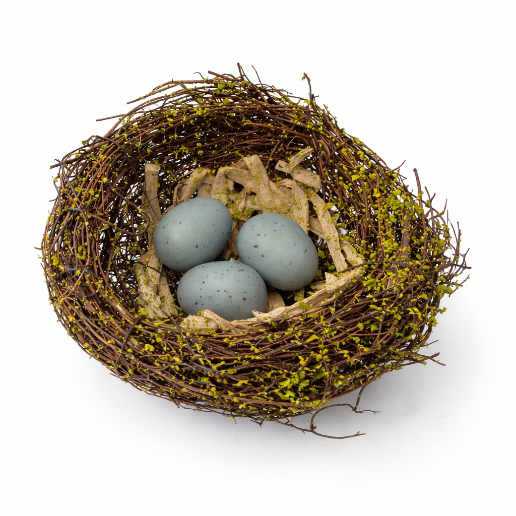 Nest with three eggs on a white background
