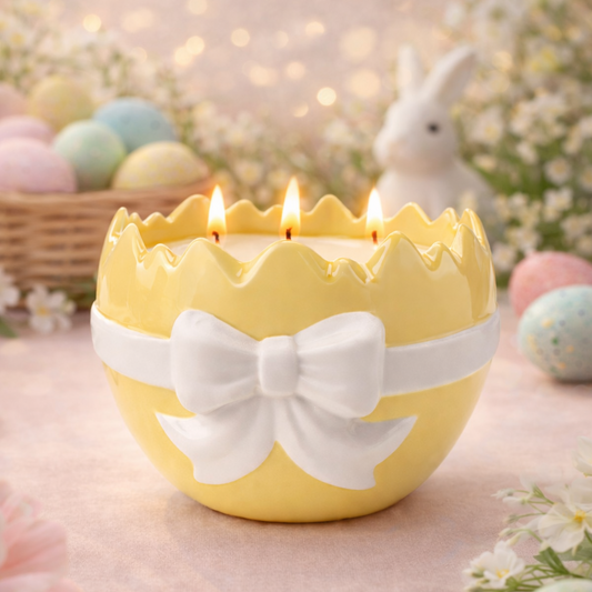 Yellow Easter egg-shaped candle with a white bow, surrounded by pastel eggs and flowers.