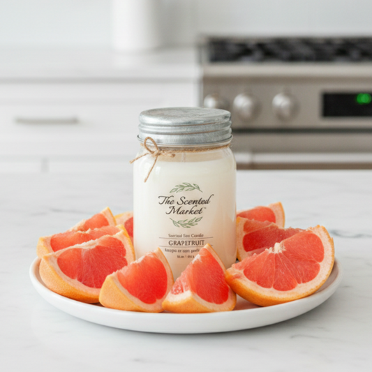 Jar of 'The Scented Market' grapefruit candle on a plate with grapefruit slices in a kitchen setting.
