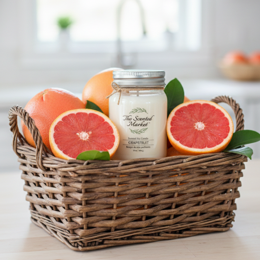 Wicker basket with grapefruits and a candle labeled 'The Scented Market' on a light background