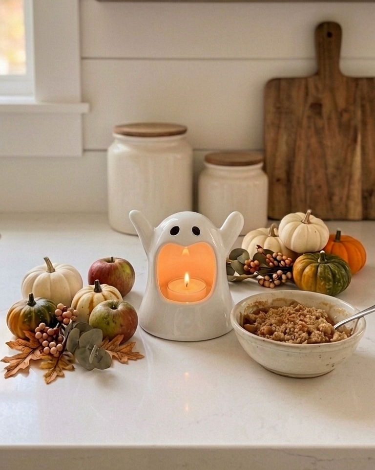 Ghost Tea Light Holder with Apple Crumble Tea Light