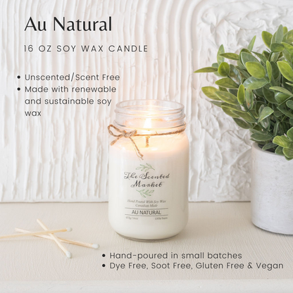 AU NATURAL / SCENT FREE Soy Wax Candle 16 oz - The Scented Market  Candles   