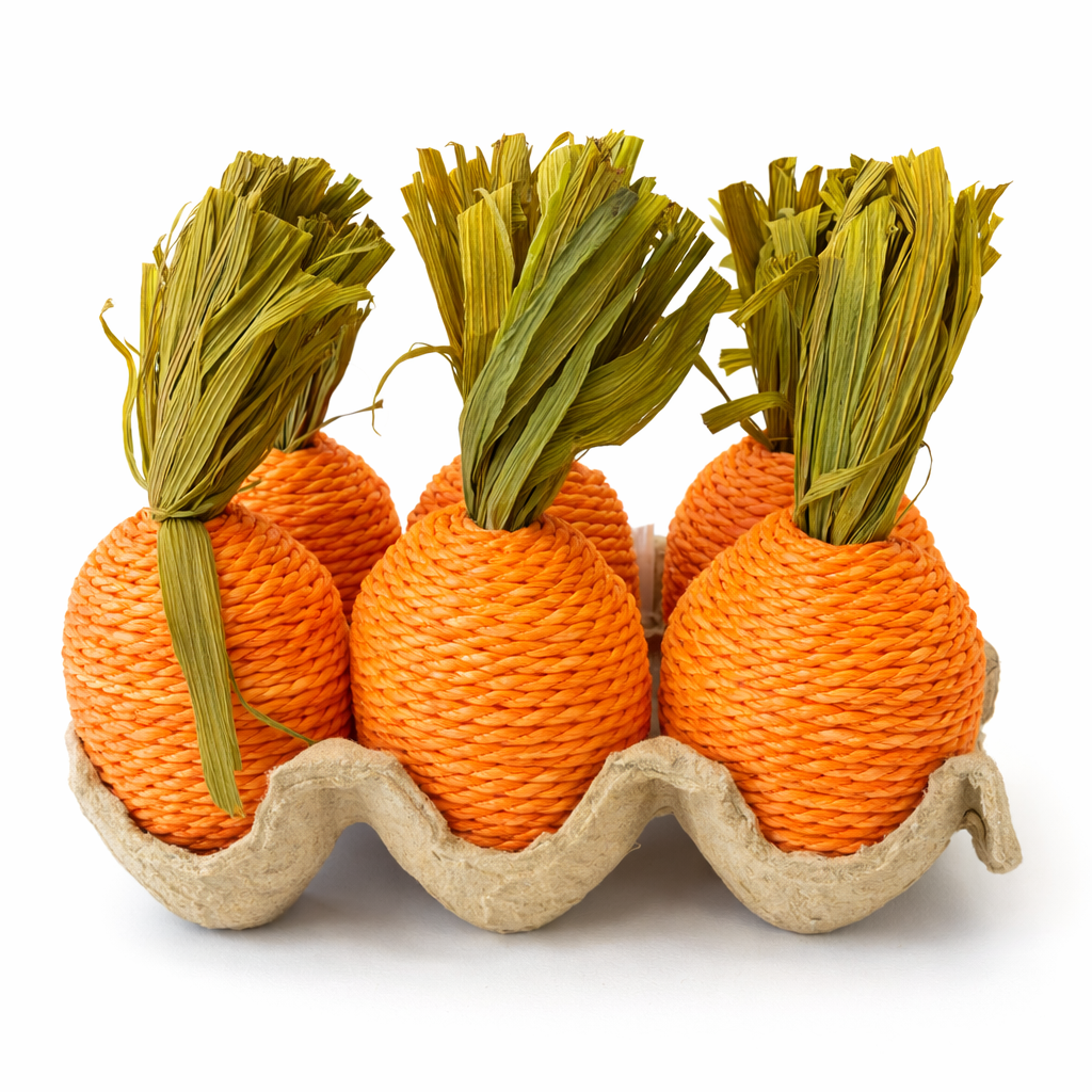 Three carrot-shaped toys with green tops in a cardboard holder on a white background
