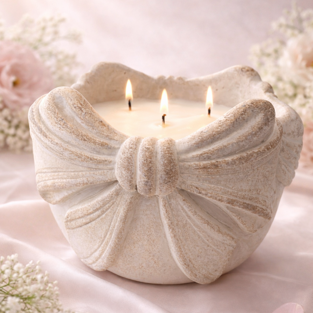 Decorative candle holder with three lit candles on a soft pink background with flowers.