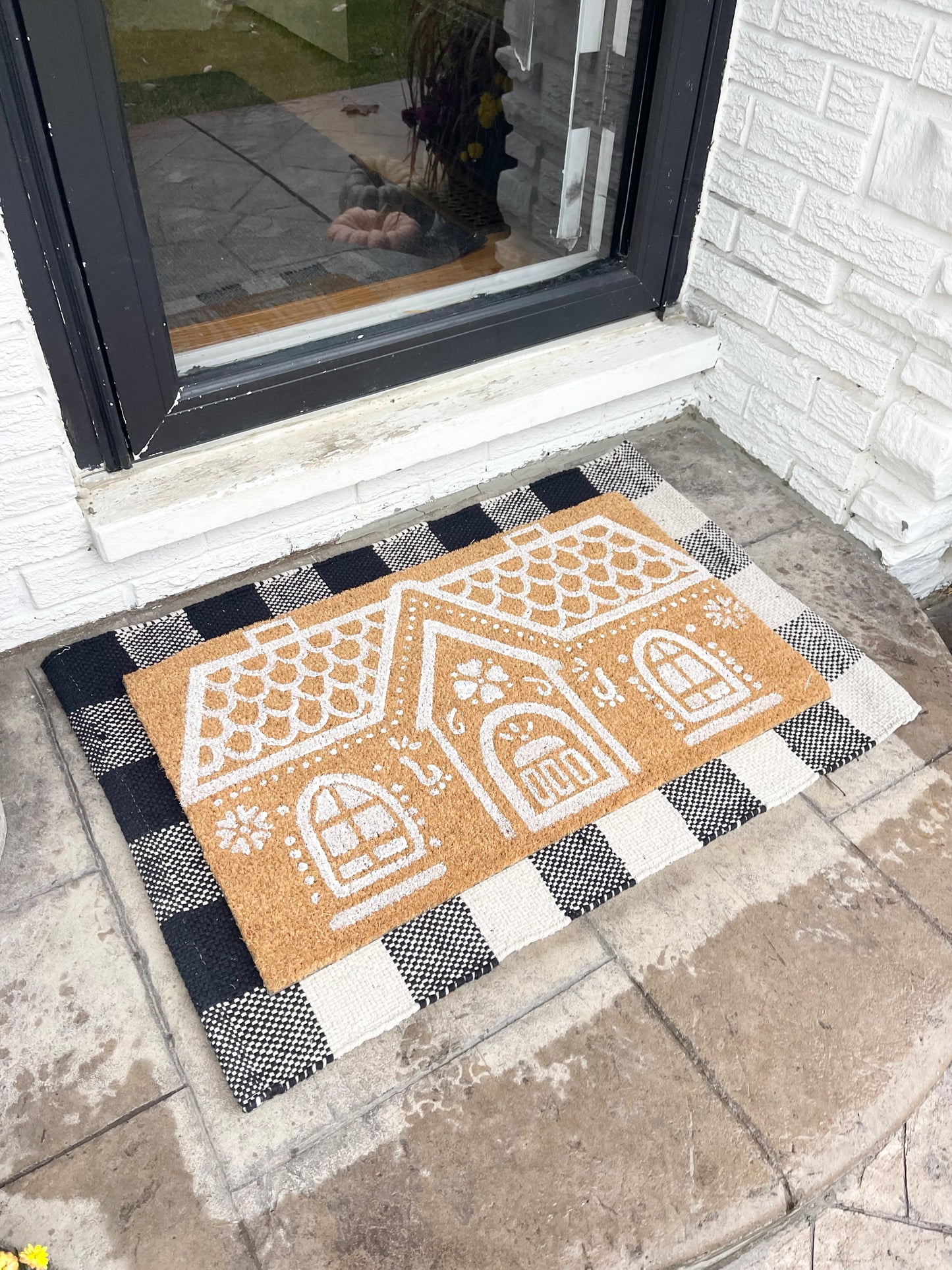 Buffalo Plaid Farmhouse Doormat Underlay with Gingerbread House Husk Mat - The Scented Market     