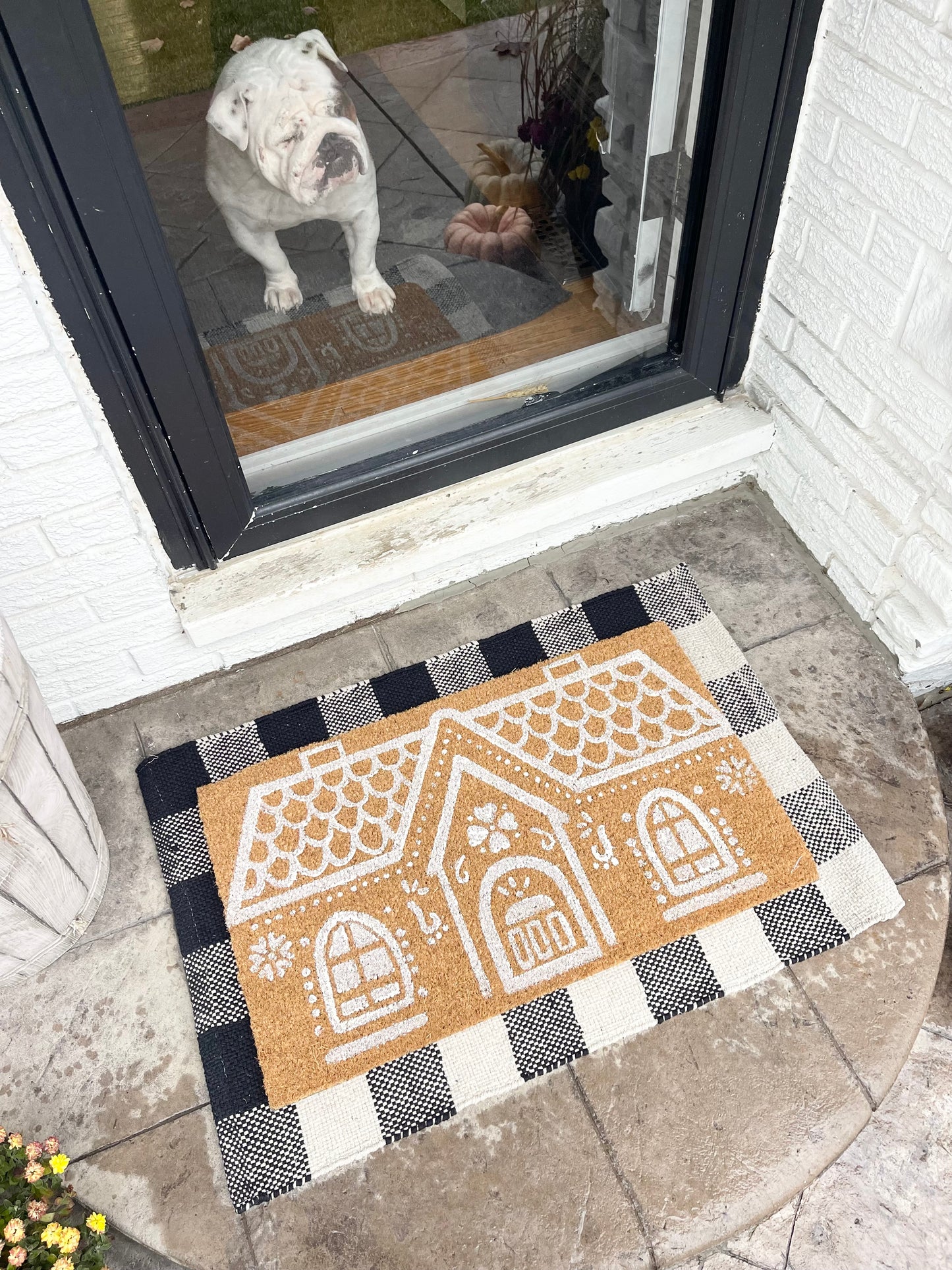 Buffalo Plaid Farmhouse Doormat Underlay with Gingerbread House Husk Mat - The Scented Market     
