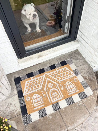 Buffalo Plaid Farmhouse Doormat Underlay with Gingerbread House Husk Mat - The Scented Market     