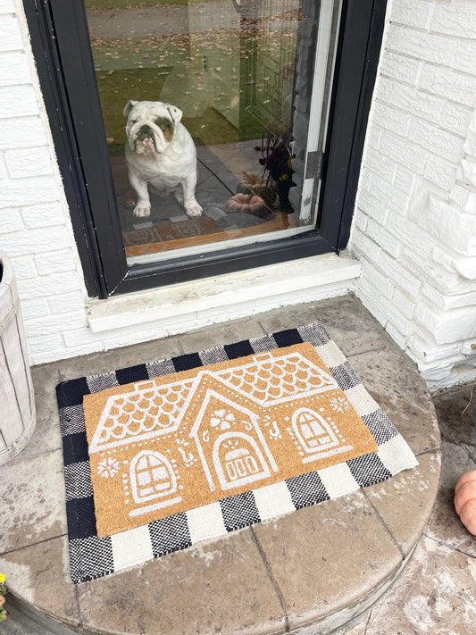 Buffalo Plaid Farmhouse Doormat Underlay with Gingerbread House Husk Mat - The Scented Market     