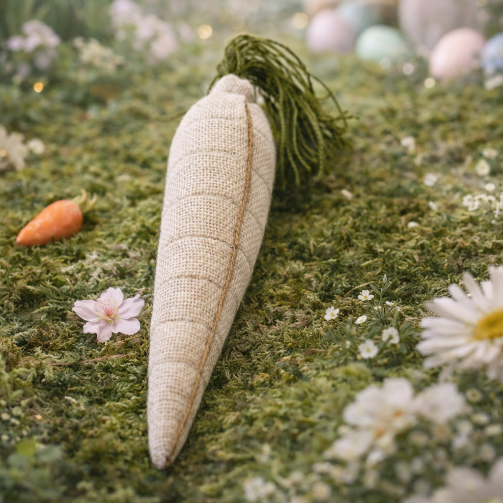 Decorative carrot on a grassy surface with flowers and a blurred bunny in the background