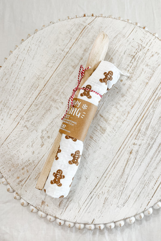 Holiday Baking Set - Gingerbread Themed Wooden Spoon and Tea Towel