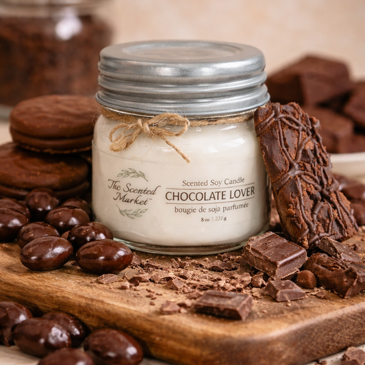 Candle labeled 'Chocolate Lover' surrounded by chocolate pieces on a wooden board.