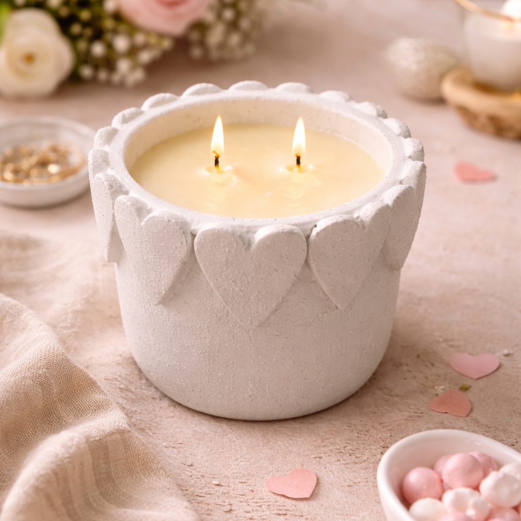 White candle in a decorative holder with flowers and small items in the background