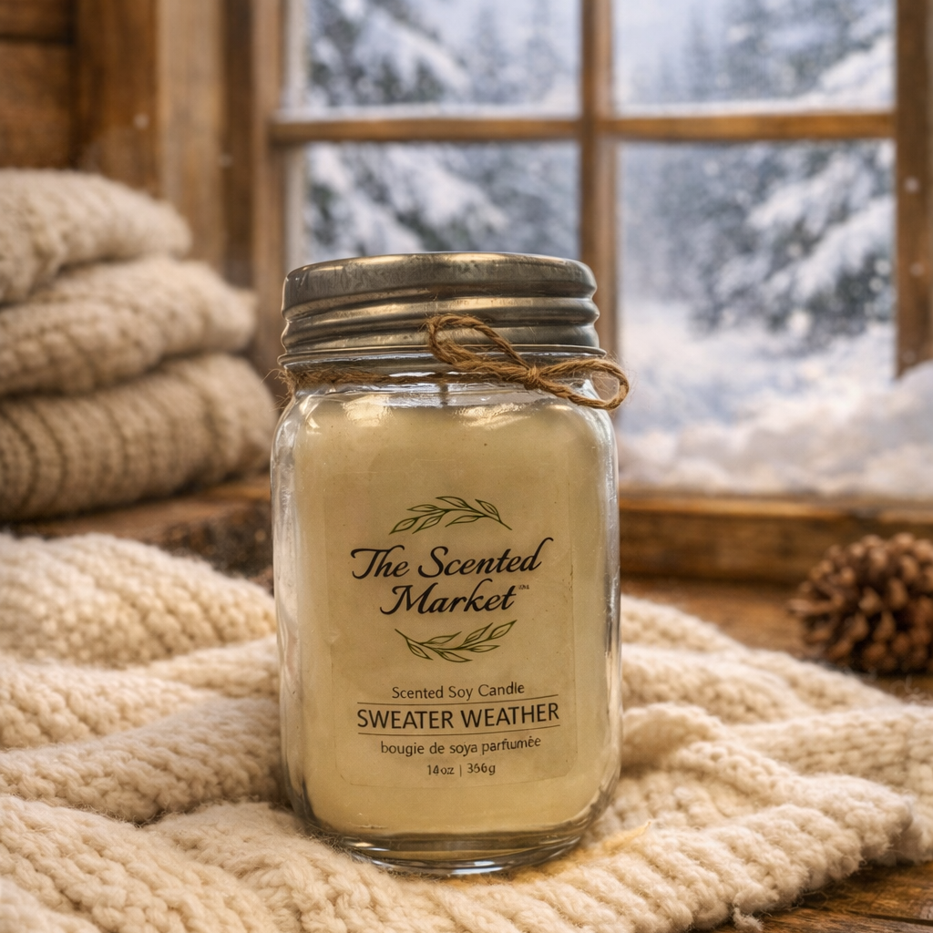 Jar of 'Sweater Weather' candle from The Scented Market on a knitted blanket with a snowy window background.