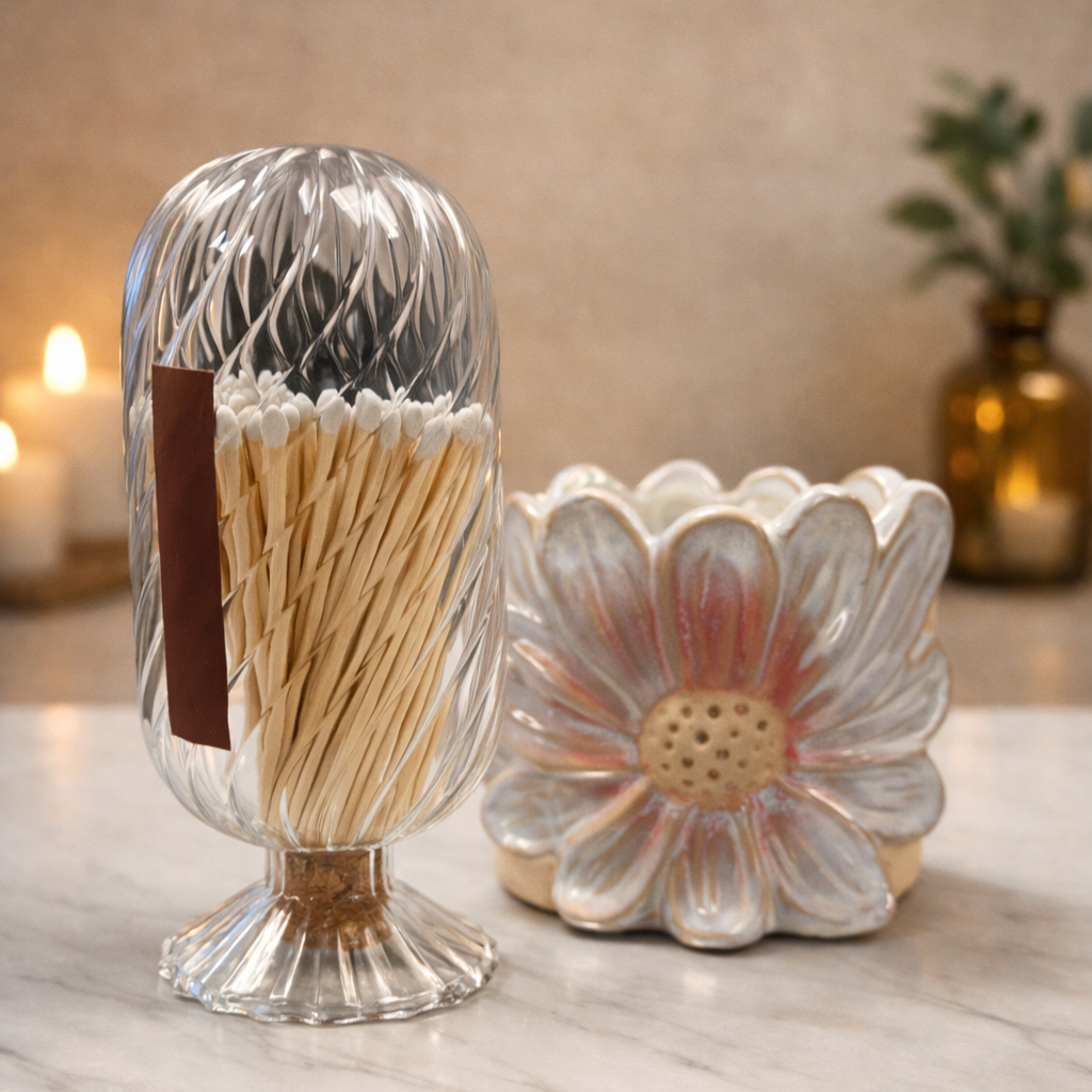 Decorative glass container with matches and a ceramic flower on a marble surface.