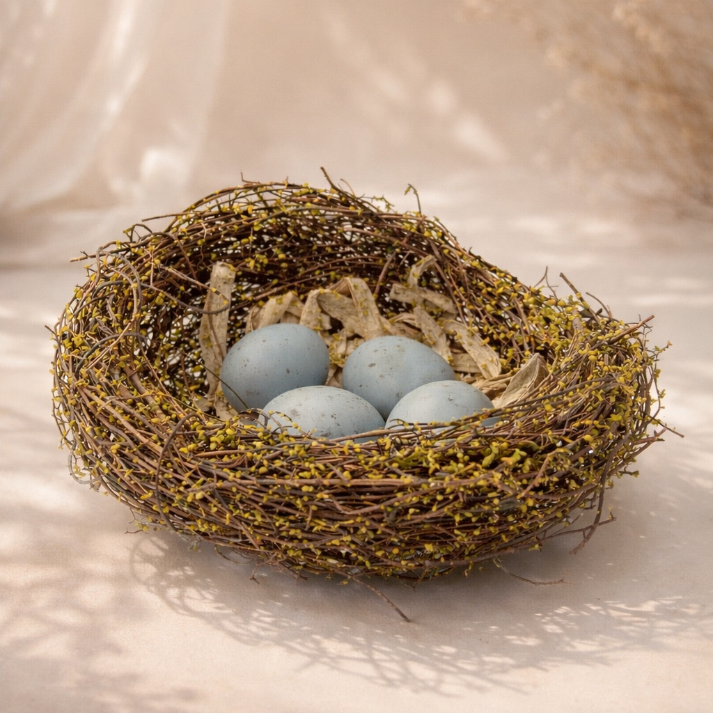 Nest with three eggs on a soft, neutral background
