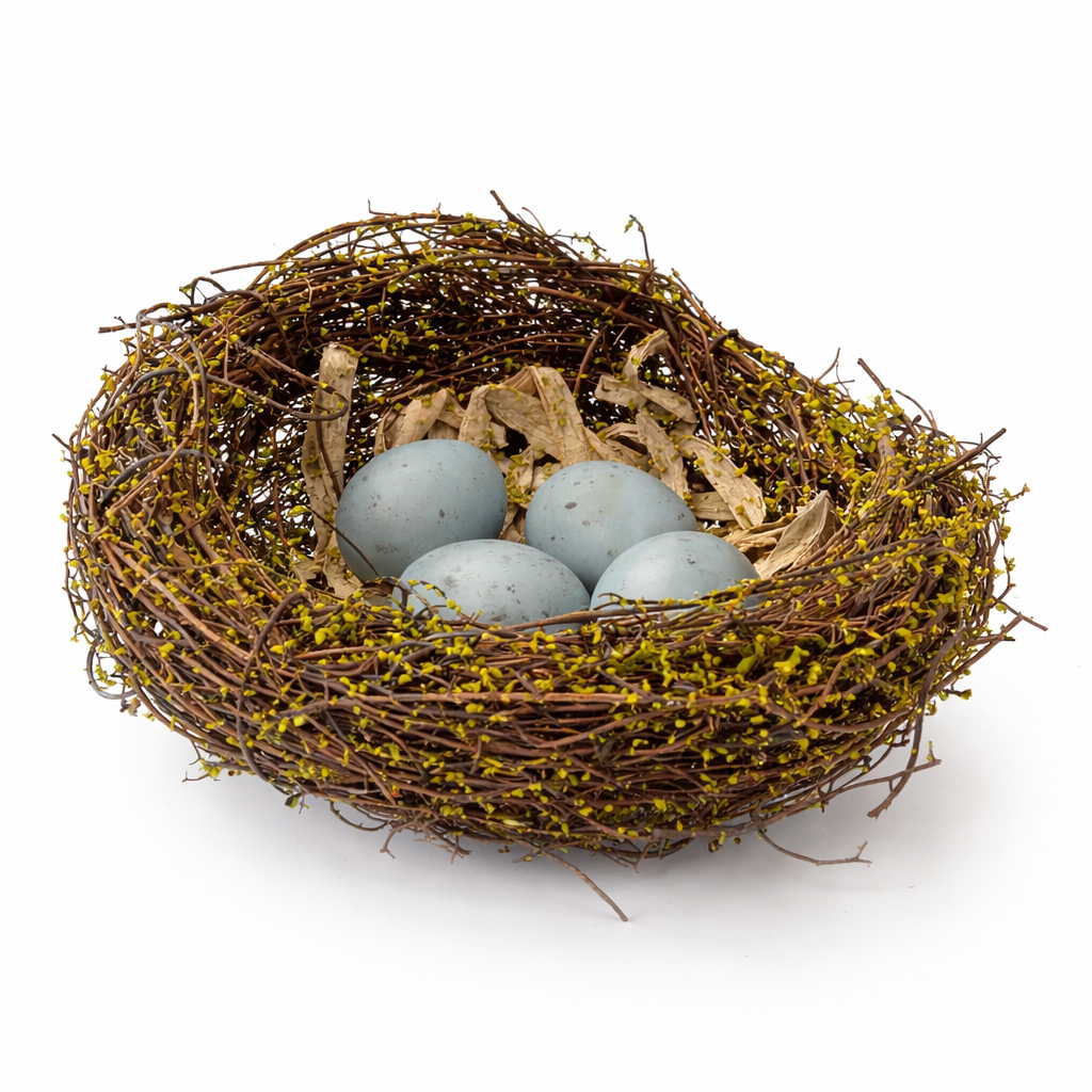 Nest with three eggs on a white background