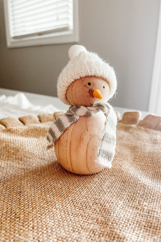 Wooden Snowman with a Knit Hat