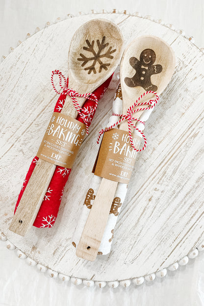 Holiday Baking Set - Gingerbread Themed Wooden Spoon and Tea Towel